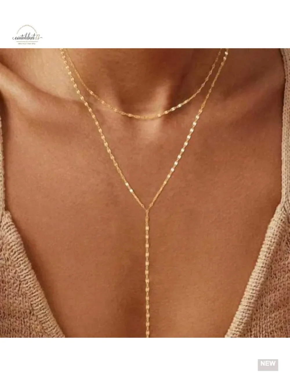 14K Gold Plated Layered Y-Necklace Set Dainty Chain Leaf Design Hypoallergenic
